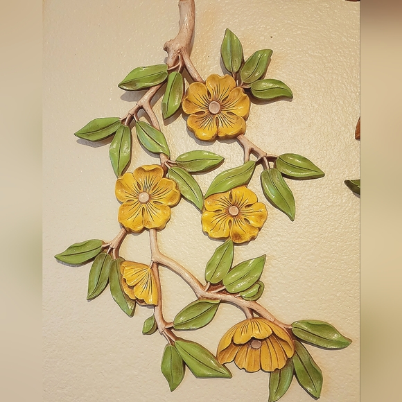 2 Large Vintage dart Syroco yellow and green cherry blossom wall décor - Picture 7 of 8
